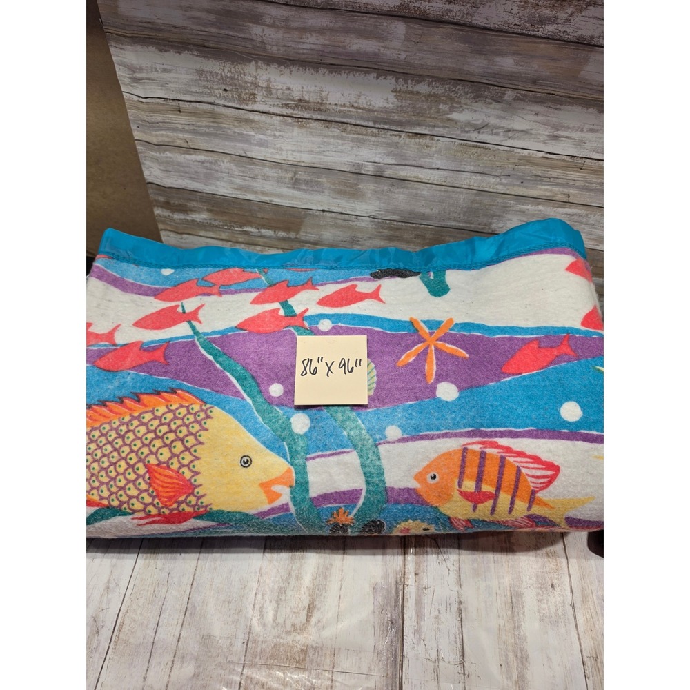 Vintage 90s Springs‎ Industries Reef Fish Plush Blanket San Marcos Style 86x96